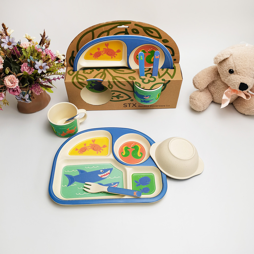 Oceaanstijl Walvis Krab Cartoon Baby Bamboe Vezel Servies Sets Voor Babyvoeding